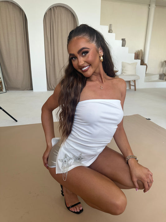 ‘ELISHA’ RUCHE BANDEAU EMBELLISHED TOP- WHITE