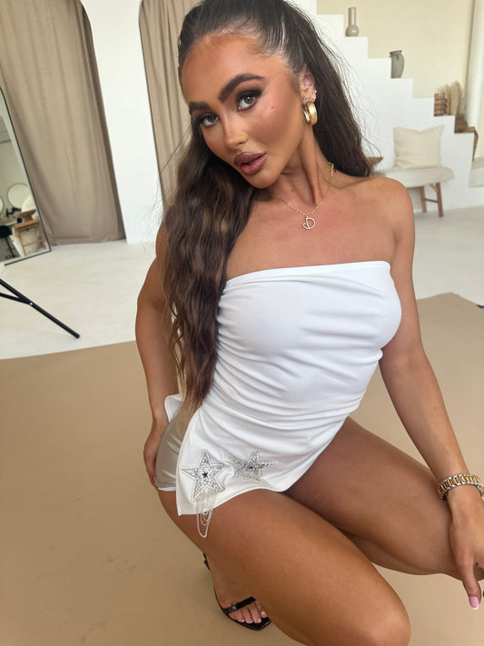 ‘ELISHA’ RUCHE BANDEAU EMBELLISHED TOP- WHITE