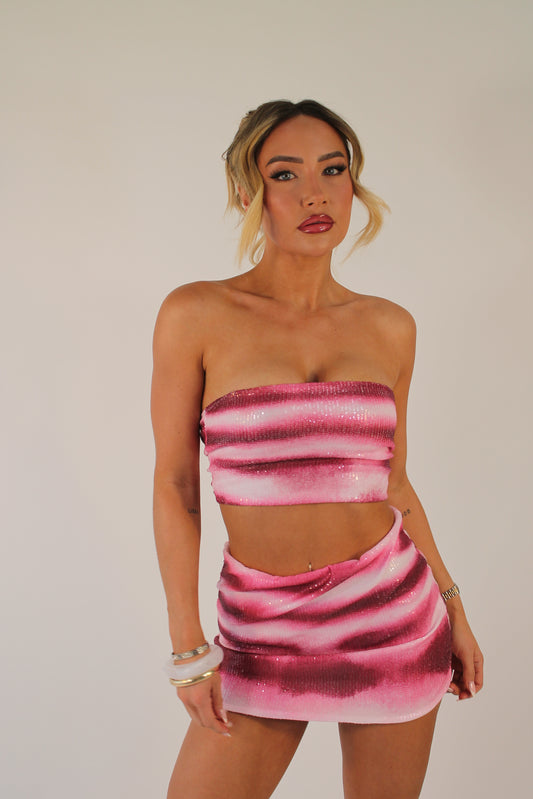‘LILLIA’ SEQUIN BANDEAU CO ORD- GRADIENT PINK