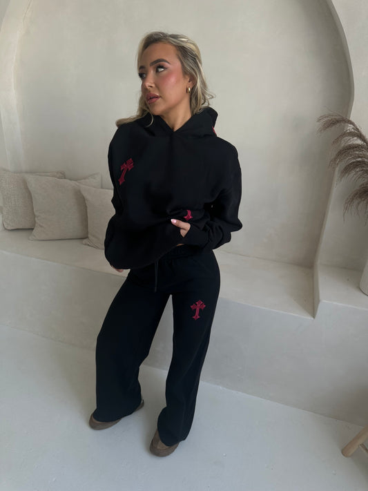 ‘CROSSED OUT’ WIDE LEG JOGGERS- BLACK & WINE