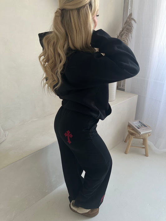 ‘CROSSED OUT’ WIDE LEG JOGGERS- BLACK & WINE