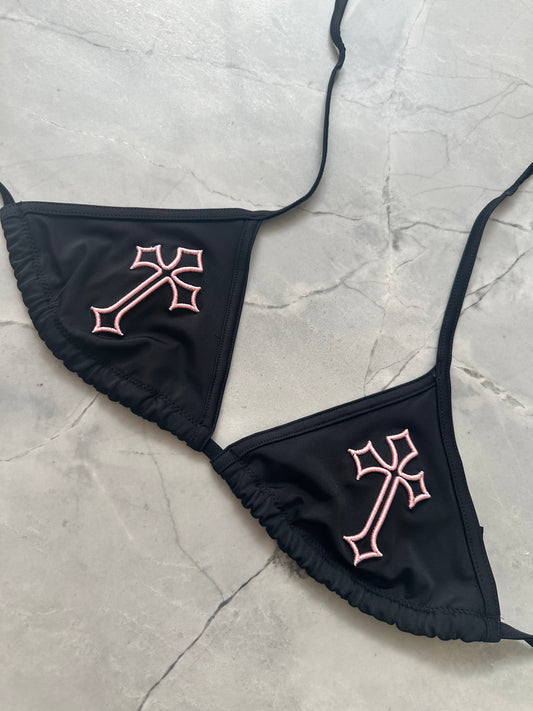 ‘CROSSED OUT’ BIKINI TOP- BLACK & PINK