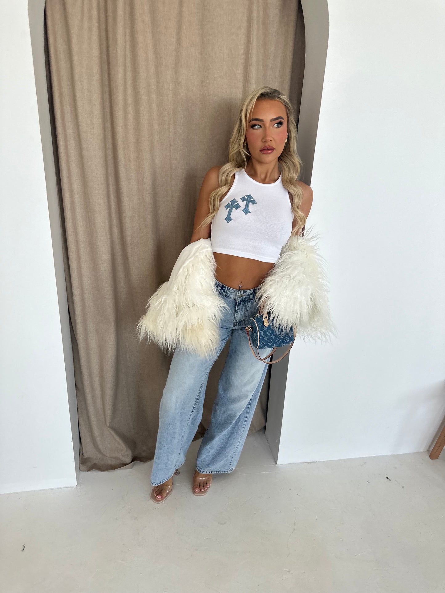‘CROSSED OUT’ RACER TOP- WHITE & DENIM LOOK