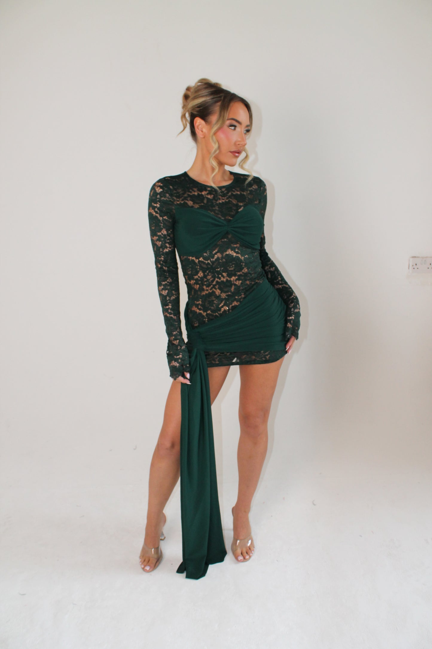 ‘MILEY’ LACE DRAPE MINI DRESS- DARK GREEN