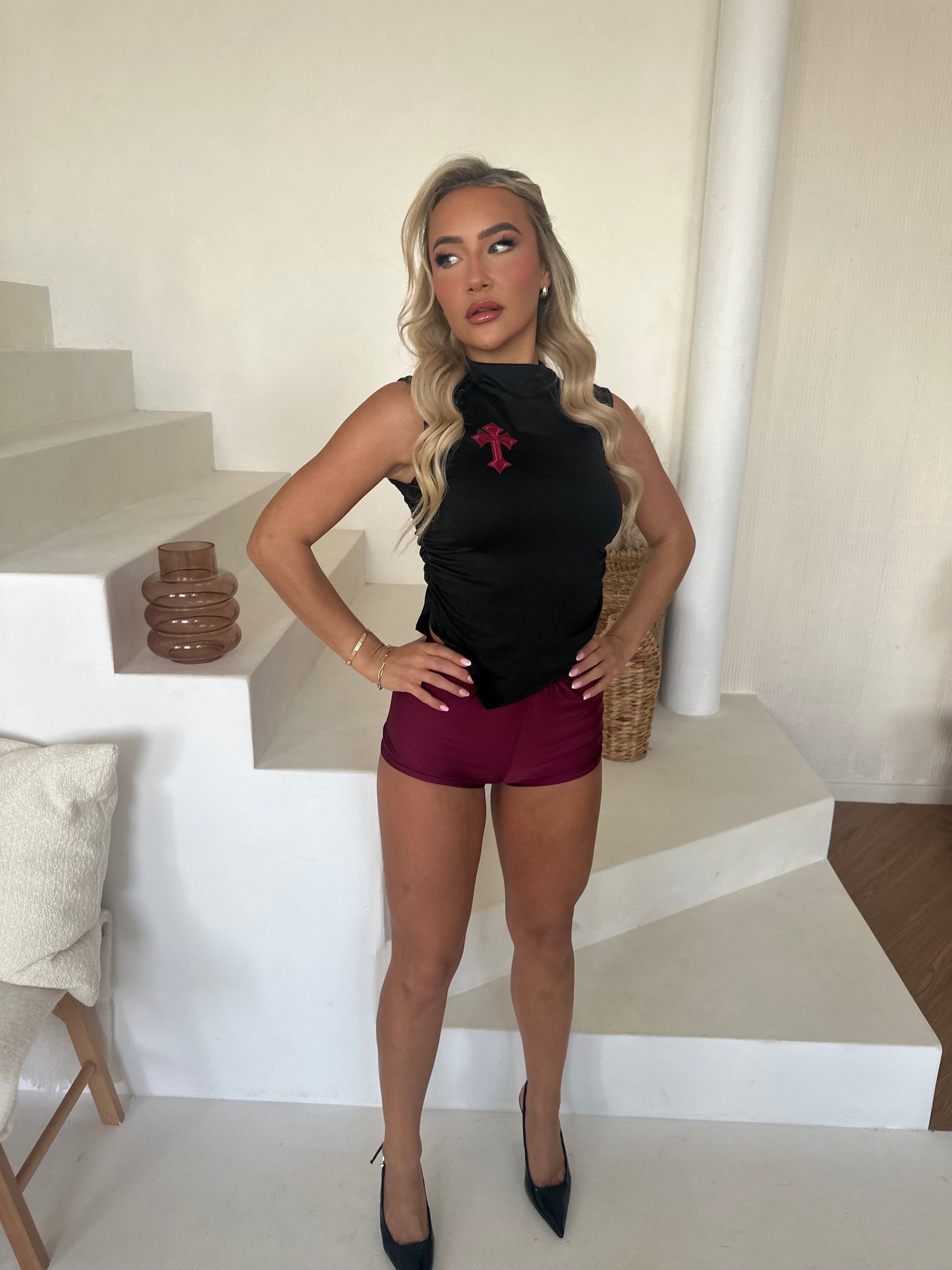 ‘DEMI’ RUCHE ASYMMETRIC TOP- BLACK & WINE