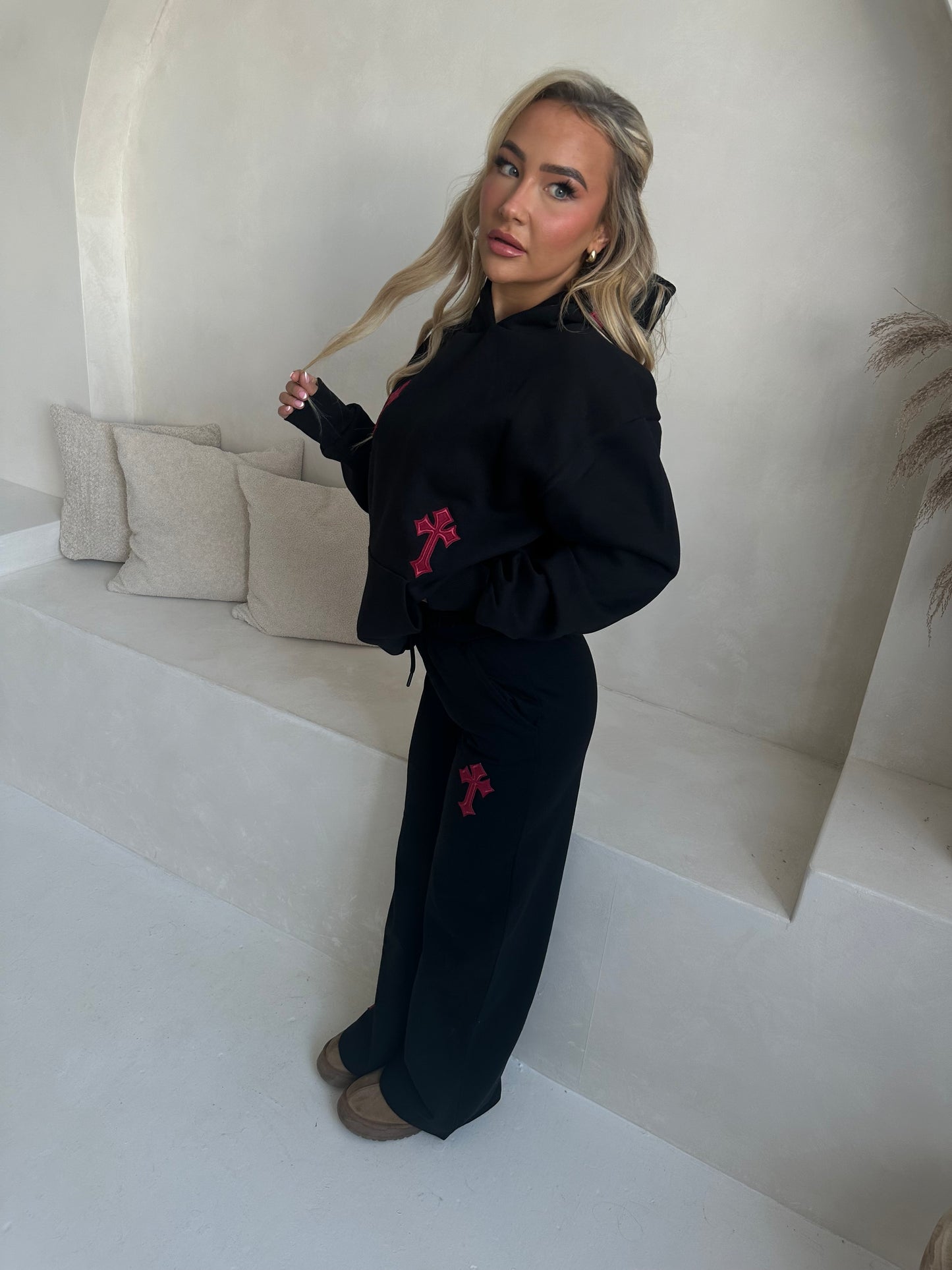 ‘CROSSED OUT’ WIDE LEG JOGGERS- BLACK & WINE
