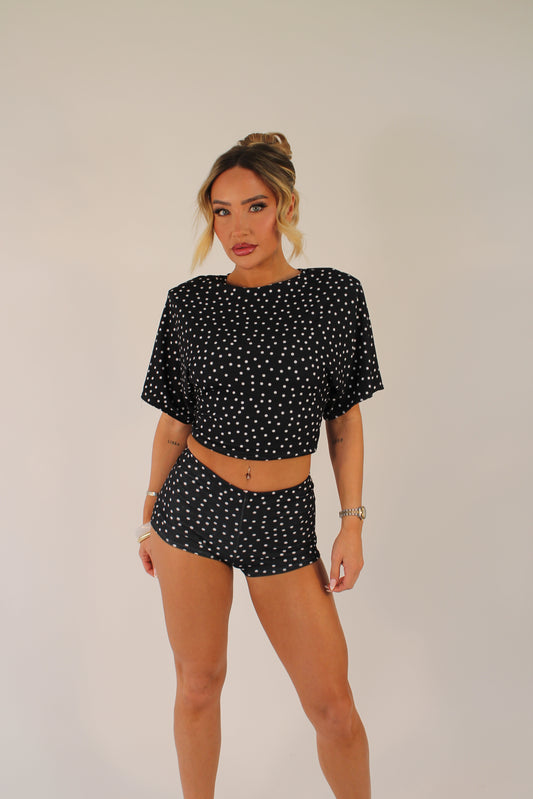 ‘CAMILLE’ LYCRA MINI SHORTS- POLKA