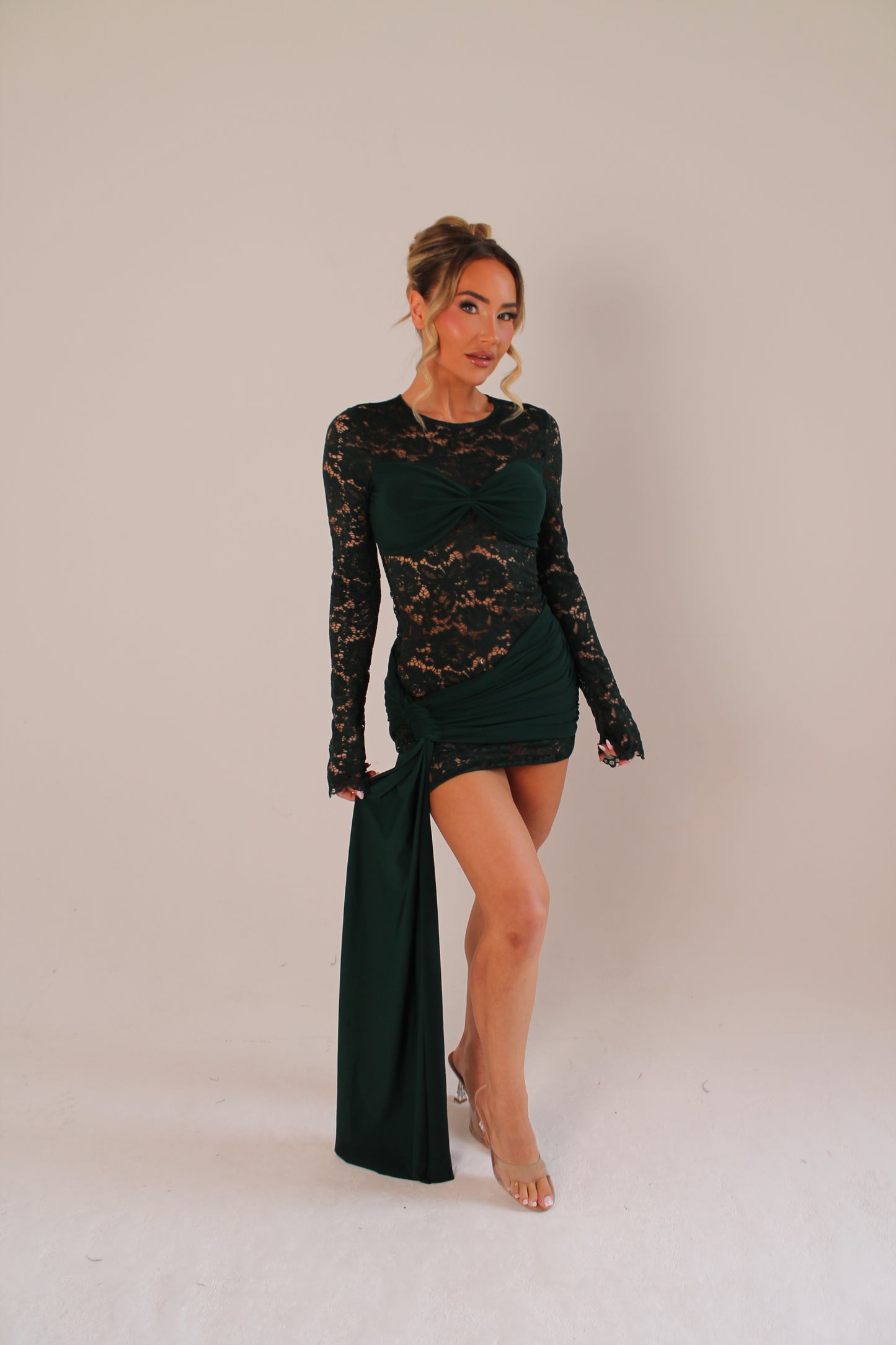 ‘MILEY’ LACE DRAPE MINI DRESS- DARK GREEN