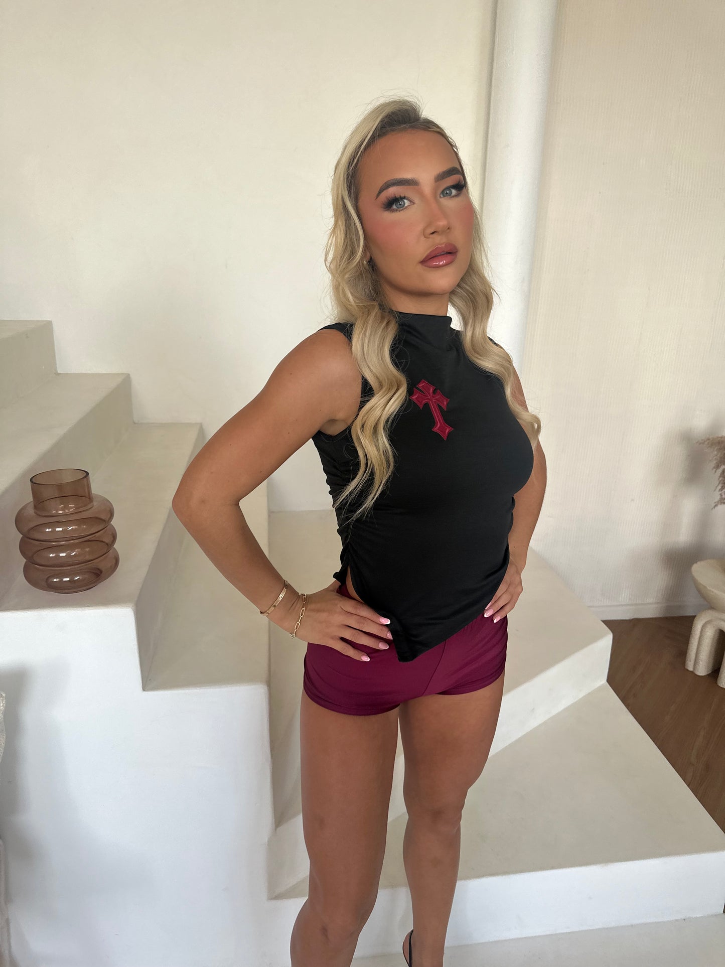 ‘DEMI’ RUCHE ASYMMETRIC TOP- BLACK & WINE