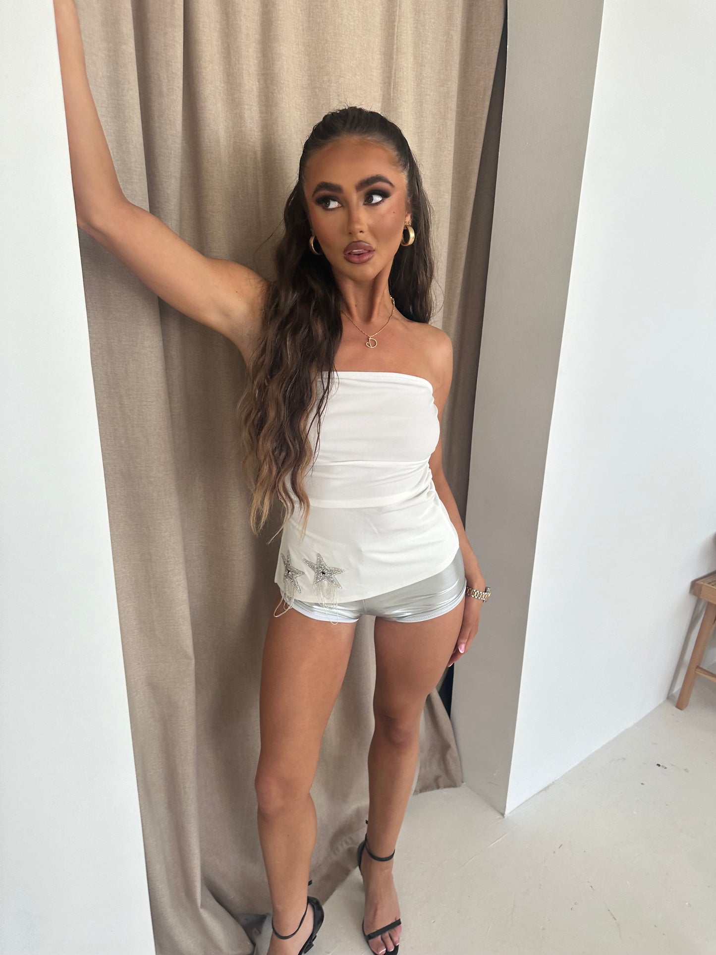 ‘ELISHA’ RUCHE BANDEAU EMBELLISHED TOP-  WHITE