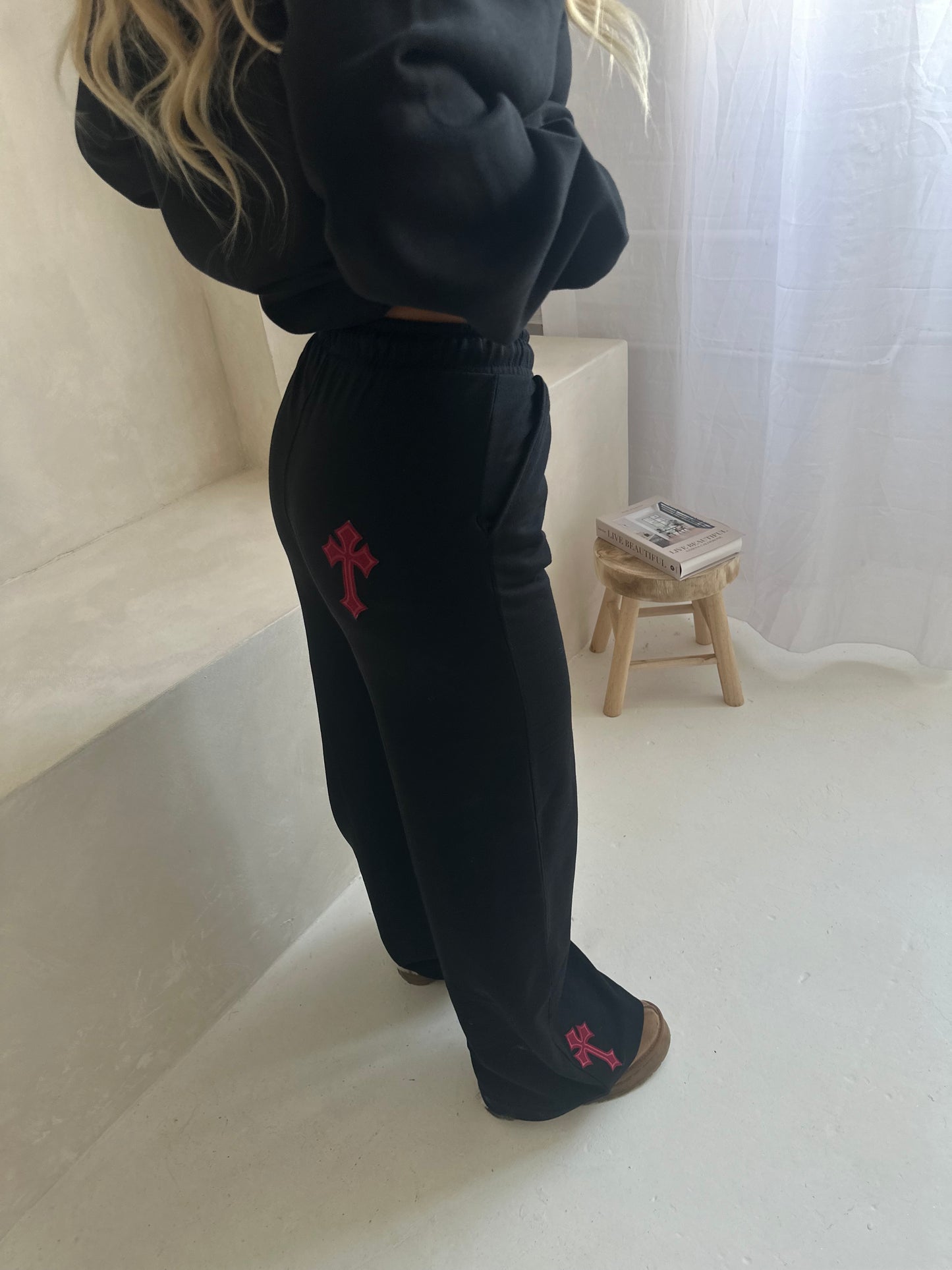 ‘CROSSED OUT’ WIDE LEG JOGGERS- BLACK & WINE