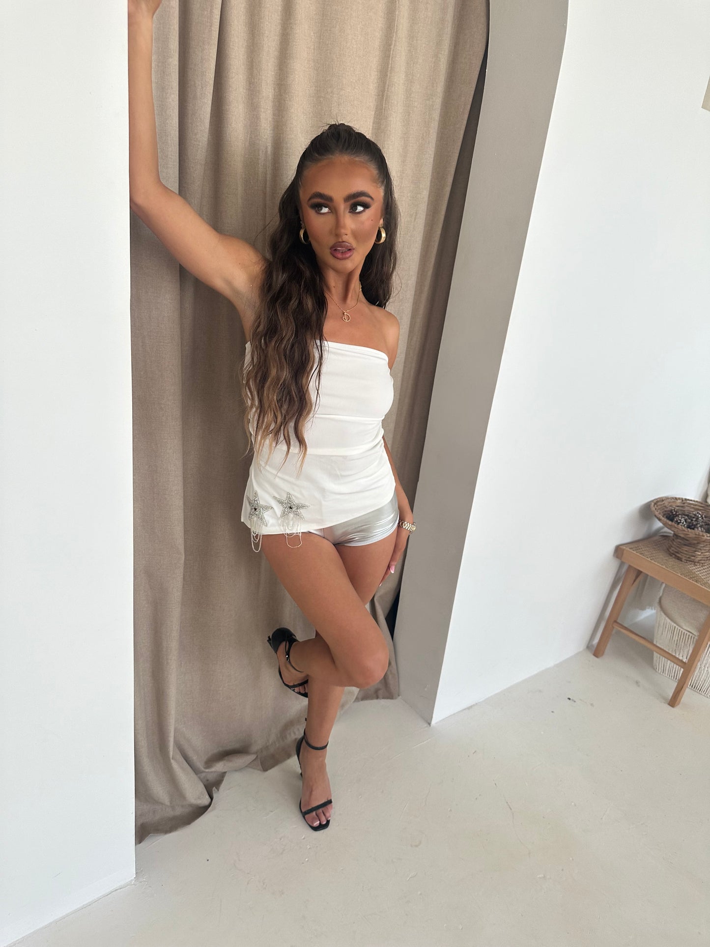 ‘ELISHA’ RUCHE BANDEAU EMBELLISHED TOP-  WHITE