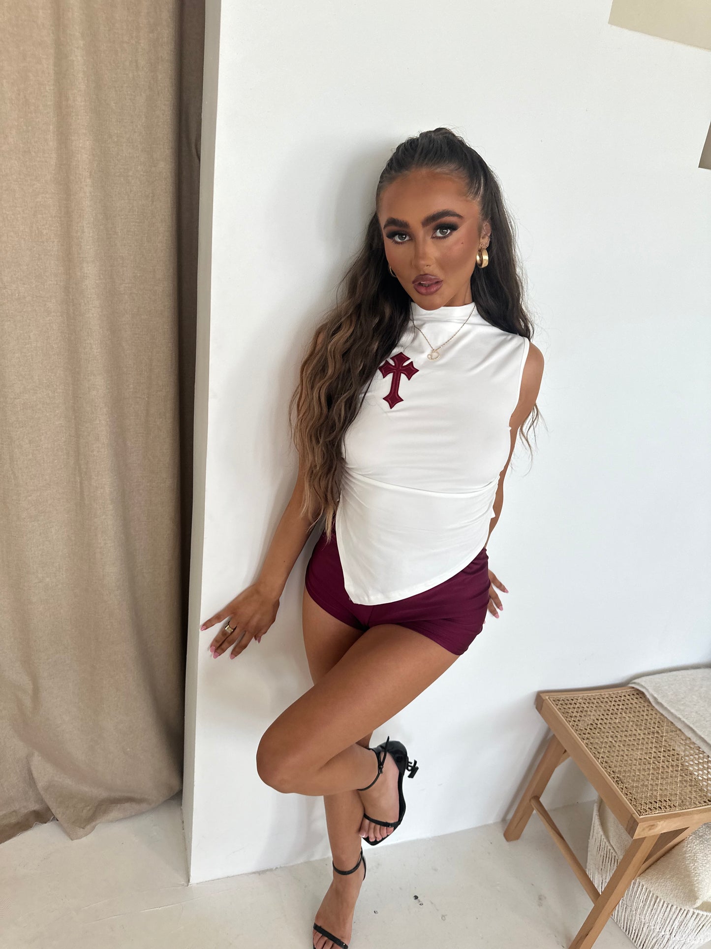 ‘DEMI’ RUCHE ASYMMETRIC TOP- WHITE & WINE